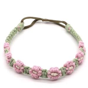 Crochet flower pattern elastic head wrap/ headband pink sag